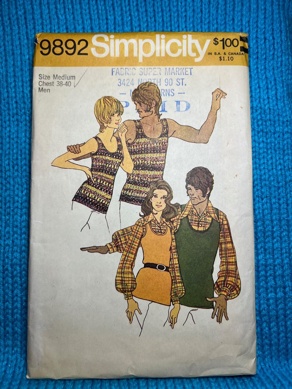 Simplicity sewing pattern 9892 Mens womens tank top shirt 1970s size medium
